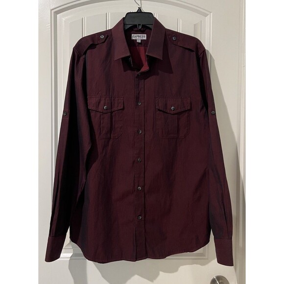 Express Men's NWOT Burgundy Fitted Button Down Long Sleeve 100% Cotton Shirt LG - Picture 1 of 11